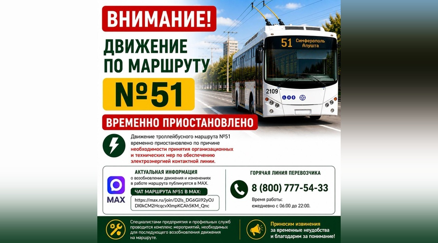  «Крымтроллейбус» временно остановил движение троллейбуса №51